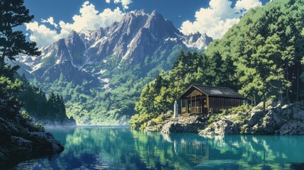 Obraz premium Scenic river view with quaint village nestled among lush mountains 