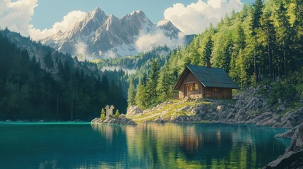 Fototapeta premium Scenic river view with quaint village nestled among lush mountains 