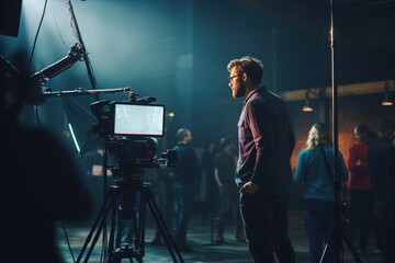 Videographer in television studio using professional camera and tripod to record a show, with crew members in the background