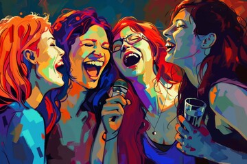 An artistic representation of a group of friends laughing and chatting for a comedy podcast, A group of friends laughing and connecting through