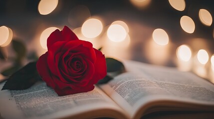 A red rose lying on an open book with softly blurred text picture