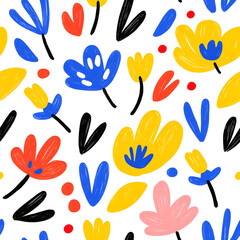 Folk art inspired hand-drawn seamless pattern with flowers, on white background