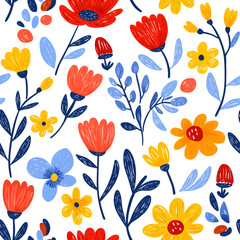 Folk art inspired hand-drawn seamless pattern with flowers, on white background
