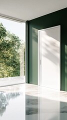 Obraz premium A minimalist interior with a sleek white door and floor-to-ceiling window showcasing a lush green view. Natural light pours in, enhancing the serene ambiance.