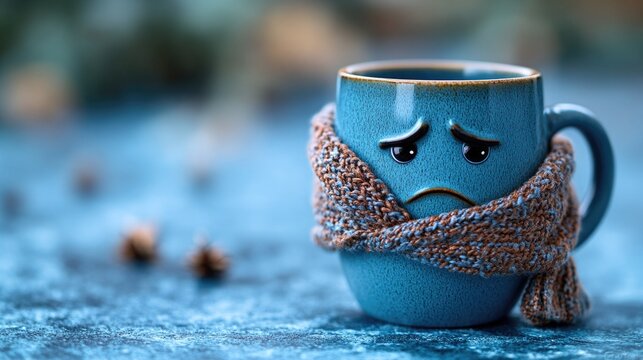 A blue mug with a sad face design