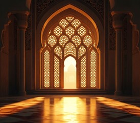 A beautiful Arabic arch with patterns of light and shadow, featuring Islamic geometric window cutouts in the background. 