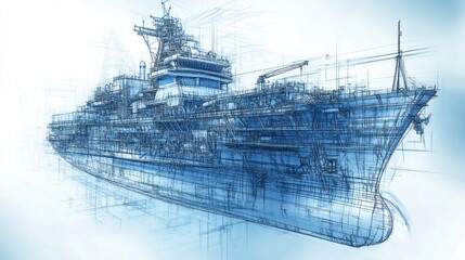 A detailed blueprint illustration of a large ship, showcasing its complex structure.