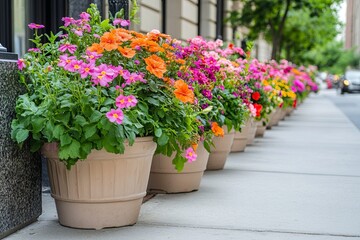 A row of clean city planters filled with blooming flowers on a neutral sidewalk. picture