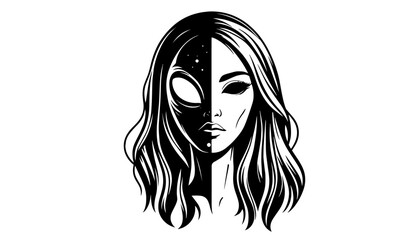 surreal illustration of a split human and alien female face