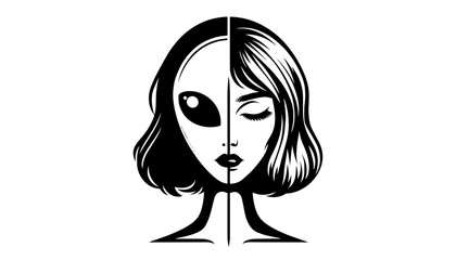 surreal illustration of a half human half alien face in black and white