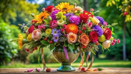 Vibrant mixed colorful flowers arranged in a large elegant vase with greenery and ribbons, vases