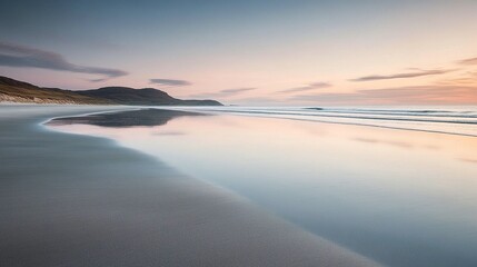 Fototapeta premium Vast empty beach at sunrise with gentle waves reflecting soft pastel hues in a serene coastal landscape