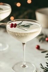 Elegant cocktail glasses with festive Christmas garnishes, including pine sprigs and red berries, set against a blurred background with warm holiday lights.