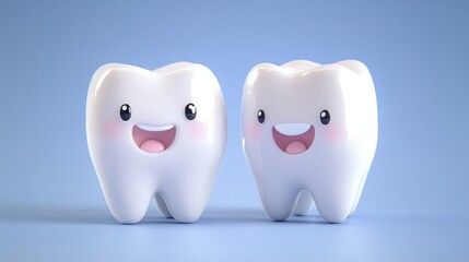 The image features two cute, cartoon-style smiling teeth characters on a soft blue background, conveying a joyful and playful mood.