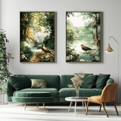 Serene Living Room Decor with Nature-Themed Artwork and Plants