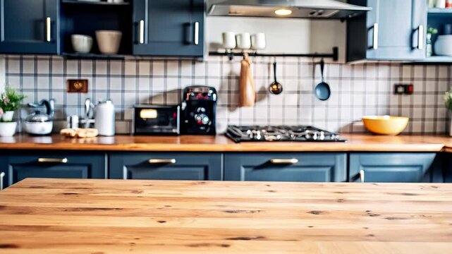 Footage mockup of a wooden table against the background of a modern blue kitchen and kitchen appliances. Camera pan from right to left.