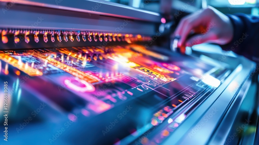 Poster vibrant circuit board with glowing neon lights and complex microchip patterns