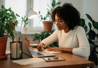 African American woman working at home desk with plants and laptop