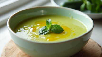 zucchini soup with mint, served in a pastel green ceramic bowl