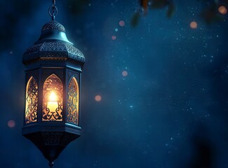 Obraz premium A beautiful, ornate Arabic lantern glowing softly with candlelight against the dark blue background of the night sky, 