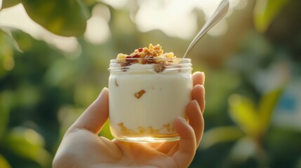 A hand holding a glass jar of yogurt with a spoon, with fresh fruit toppings visible inside, against a blurred natural background.