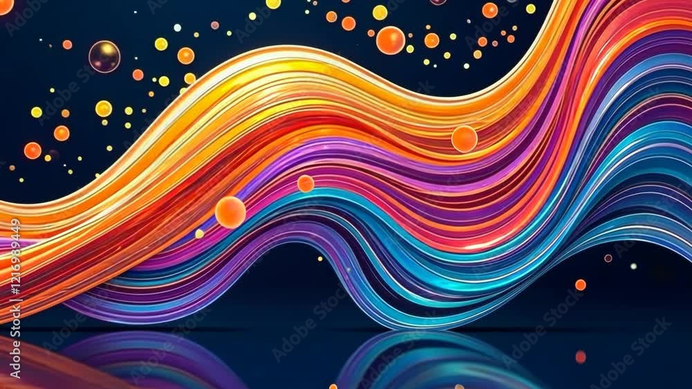 Poster A colorful wave with many different colors. There are many small circles in the background. The colors are red, blue, yellow, and green