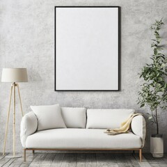Modern Living Room with Blank Wall Art Frame and Cozy Furniture
