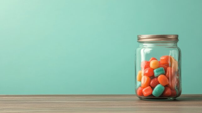 Colorful candy jar on a wooden table against a pastel green background, ideal for sweet-themed designs