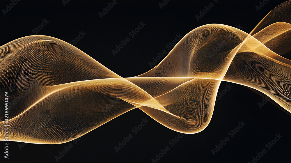 Poster a luxurious abstract design with golden waves and sparkling particles on a smooth black background. 