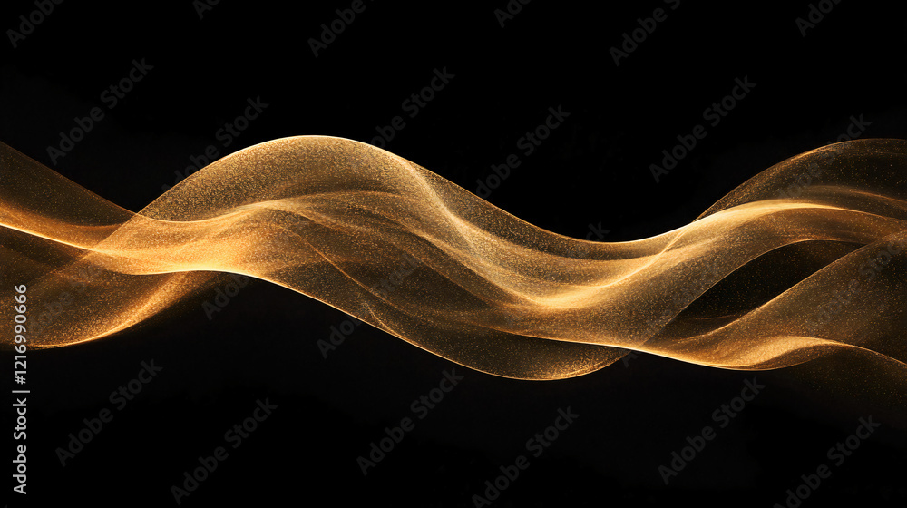 Poster a luxurious abstract design with golden waves and sparkling particles on a smooth black background. 