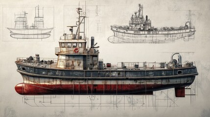 A detailed illustration of a vintage tugboat with technical drawings.