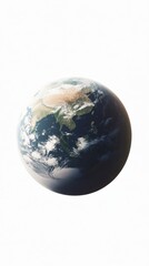 Fototapeta premium A realistic globe depicting Earth set against a white background, showcasing continents and oceans. The image is clear and vibrant, with visible cloud formations.