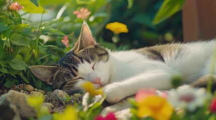 Charming cat napping in a garden. Featuring a different breed of cat sleeping peacefully in a garden setting. Emphasizing a serene, outdoor environment.