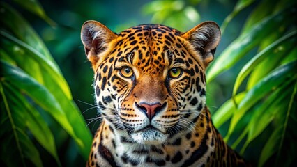 Obraz premium Majestic Jaguar Portrait with Bokeh, Wild Cat Closeup, Beautiful Big Cat Eyes, Jungle Animal Photography