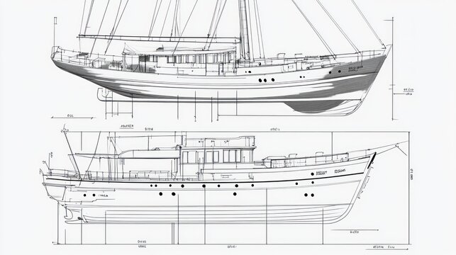 A technical drawing of a sailing ship showcasing design and dimensions.