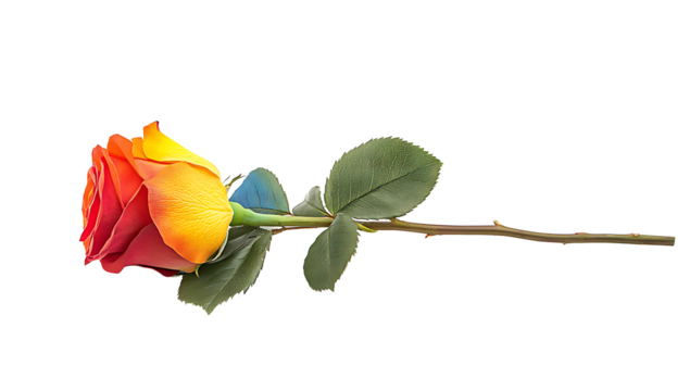 A single red rose with green leaves, perfect for expressing love and romance, isolated on a white background as transparent PNG.AI GENERATED