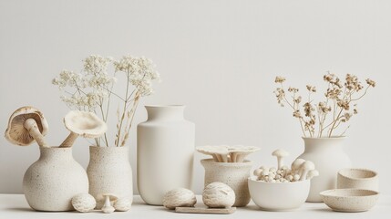 Fototapeta premium Minimalist Handmade Ceramic Pottery Arrangement in Neutral Tones for Elegant Interior Design