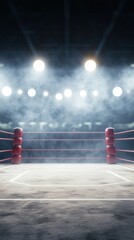 An empty boxing ring is illuminated by spotlights, creating a dramatic atmosphere with visible smoke or haze in the background.