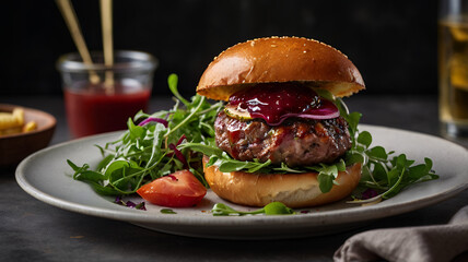 gourmet-style burger with duck breast, berry sauce, and arugula