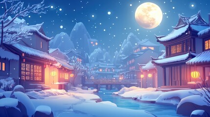 Fototapeta premium In winter, Chinese ancient towns, ancient buildings on both sides of the river, snowflakes fluttering and the moon shining