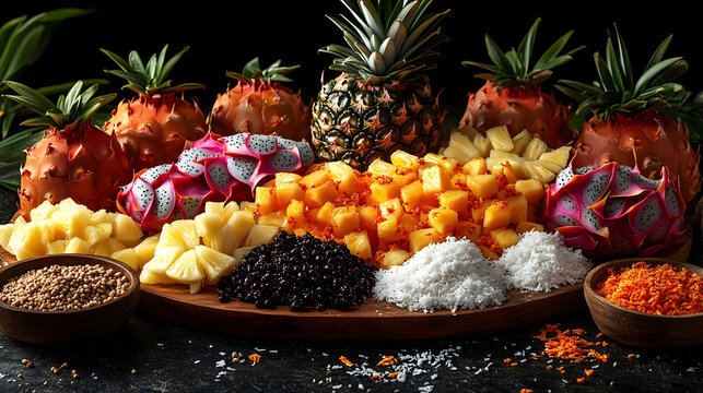 Vibrant Tropical Fruit Platter with Pineapple, Dragon Fruit and Mango