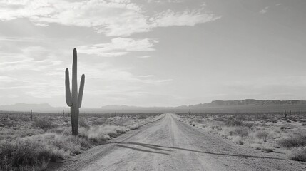 Wide shot of a quiet desert road stretching through a landscape with cacti and distant mountains