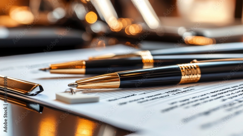 Poster elegant business workspace with assorted writing utensils and documents on desk