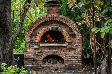 Wood fired brick pizza oven standing in a garden, emanating warmth and the aroma of burning wood