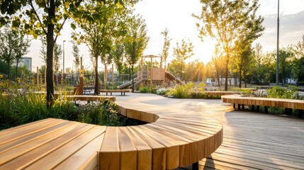 Obraz premium Serene Urban Public Park with Wooden Pathways and Bridges at Sunset