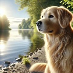 Golden Retriever by a Tranquil Lake at Sunrise
