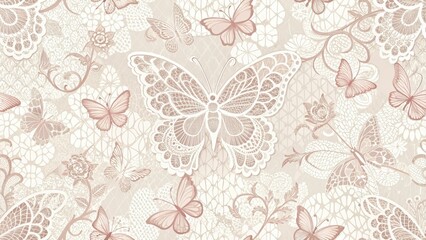 Delicate abstract seamless lace pattern with intricate floral motifs and fluttering butterfly silhouettes in soft pastel hues , nature patterns, floral patterns