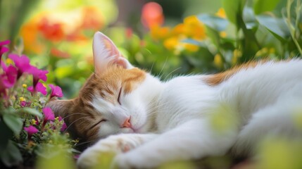 Charming cat napping in a garden. Featuring a different breed of cat sleeping peacefully in a garden setting. Emphasizing a serene, outdoor environment.