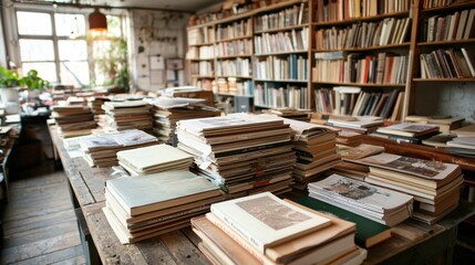 Fototapeta premium Cozy Bookshelf in Sunlit Library Interior with Vintage Books and Shelves