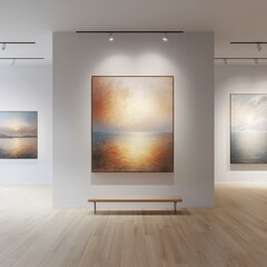 Modern Art Gallery Interior with Bright Landscape Paintings